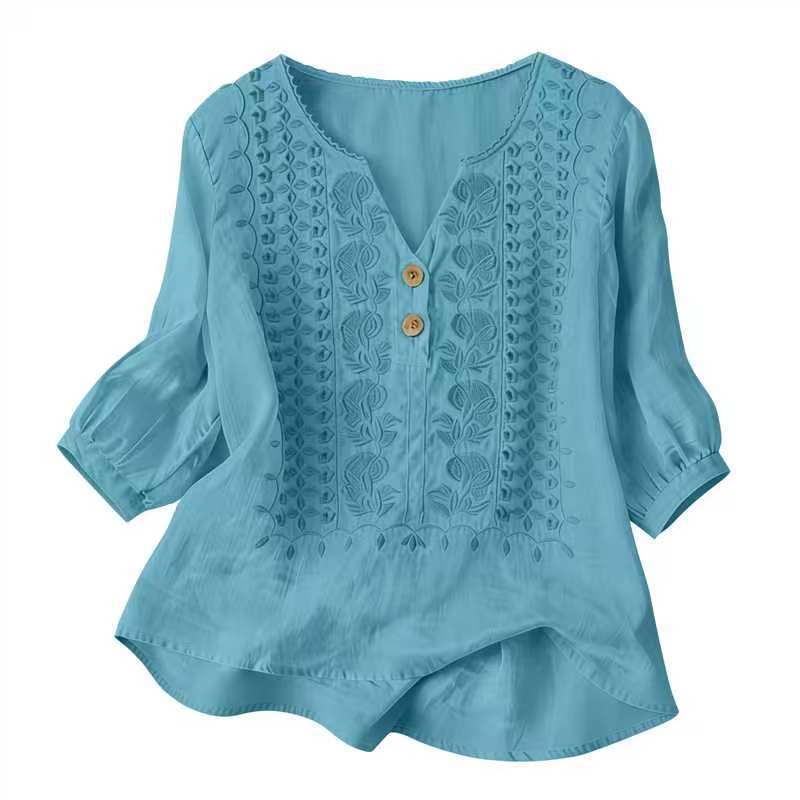 Women Boho Embroidered Blouse V‑Neck Linen Blouse Loose Button Decor Casual Tunic Top for Ladies Daily Wear