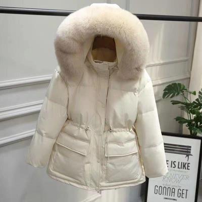 Winter Thick Warm Cotton Down Jacket Women Casual Solid Big Fur Collar Drawstring Padded Coat Elegant Ladies Hooded Short Coats