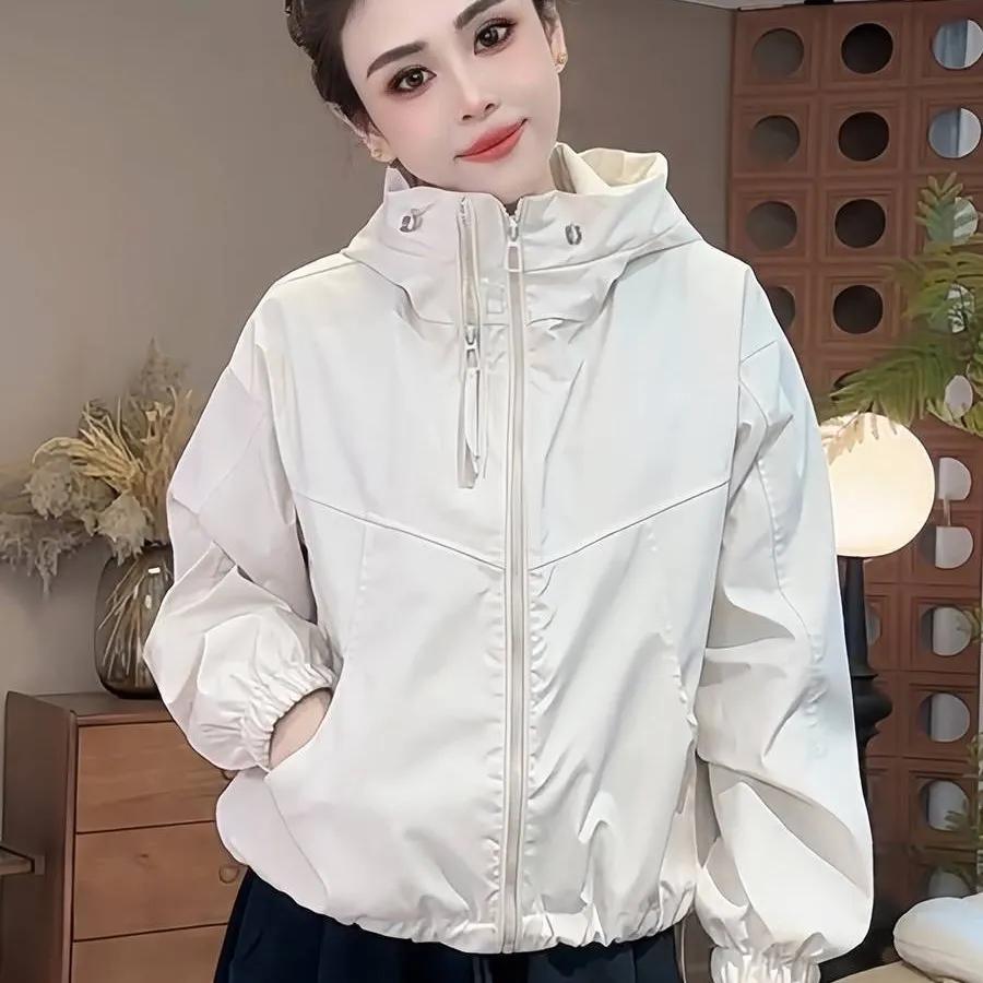 

Women s Spring Windbreaker: Loose-Fit Casual Hooded Short Jacket XXS