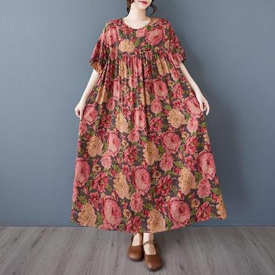Short Sleeve Plus Size Cotton Vintage Floral New In Dresses for Women Casual Loose Long Summer Dress