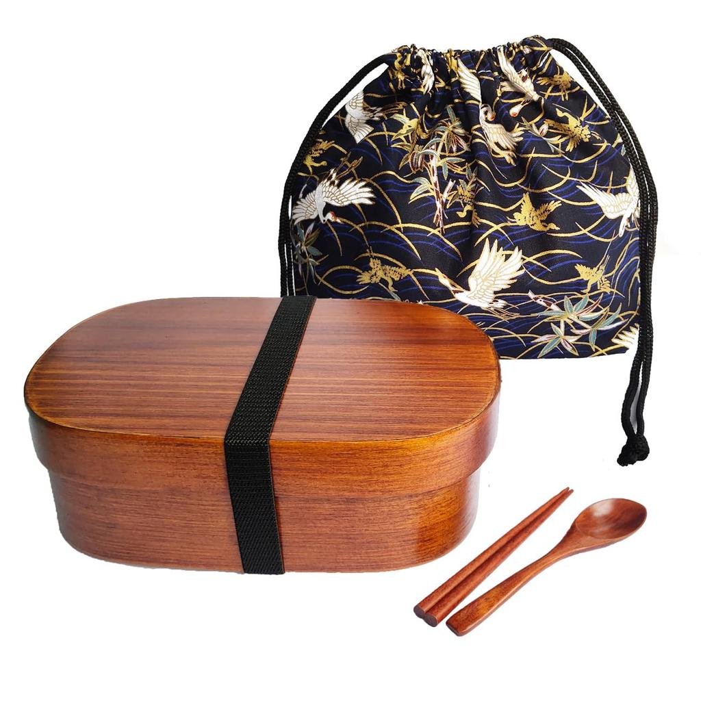 KXLCGYK Magewappa Bento 700ml Single Magewappa Natural Lacquer Blue Drawstring Wooden Spoon and Chopsticks Perfect for Commuting or School Box, Oval,