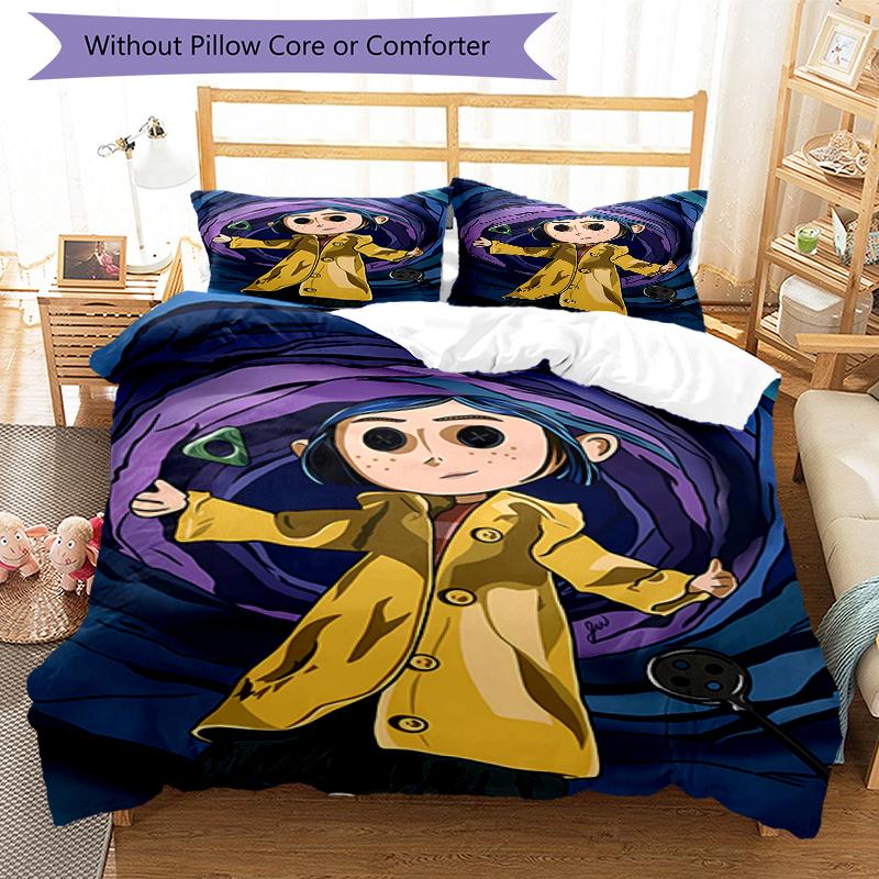 3pcs Coraline (5) Design Cover Set - HD Printed Bedding with 1 Cover and 2 Pillowcases - Perfect for Home and Dorm Decor