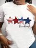 Women's Patriotic Star Print T-Shirt  Bohemian Short Sleeve Top with American Flag Design  Red Glitter Stars Freedom Text Casual