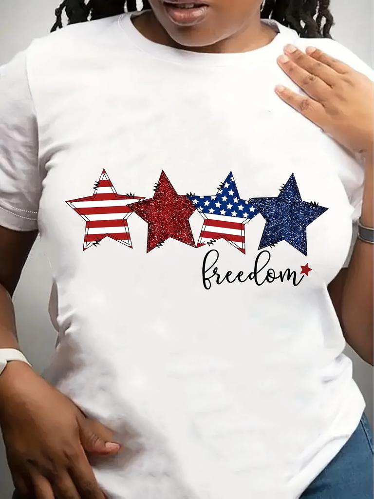 Women's Patriotic Star Print T-Shirt  Bohemian Short Sleeve Top with American Flag Design  Red Glitter Stars Freedom Text Casual