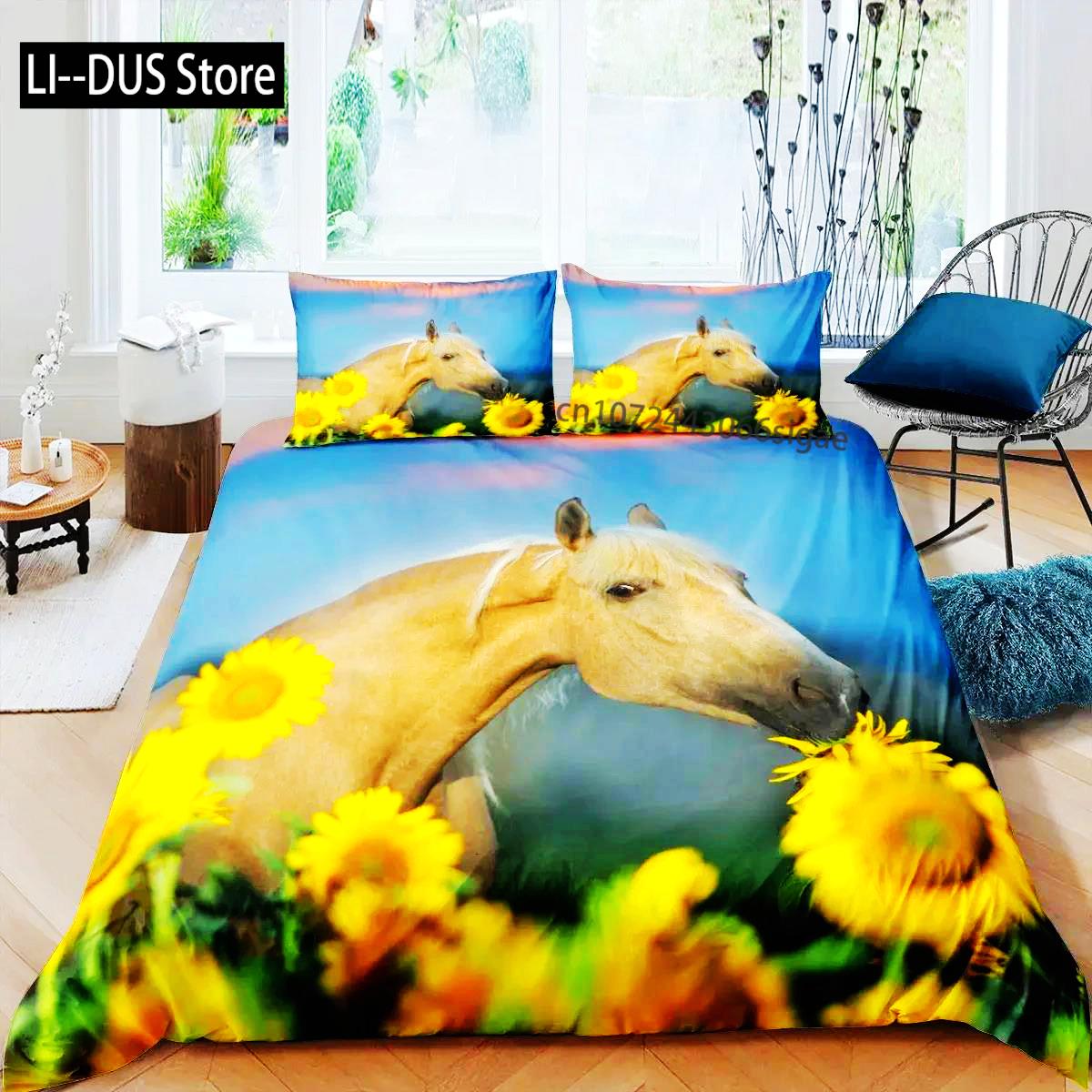 

Comforter 3D Horse King Queen Size Yellow Sunflower Bedding Set Floral Animal Theme Wildlife Soft Comforter Comforter (quilt)-EU Single(135*200cm)3pcs