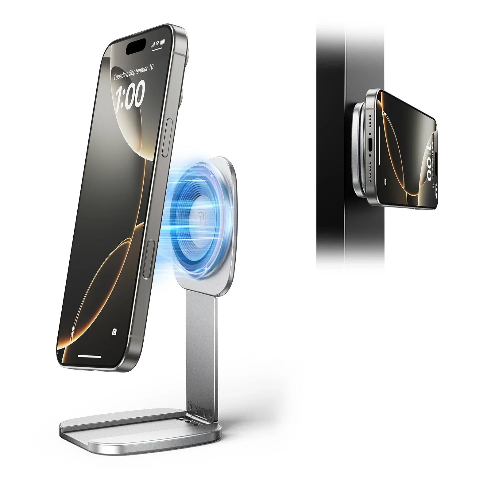 

Oatsbasf Double Sided Magnetic Phone Stand Holder for Gym Treadmill Adjustable Aluminium Phone Holder for MagSafe iPhone 16 15 серебряный