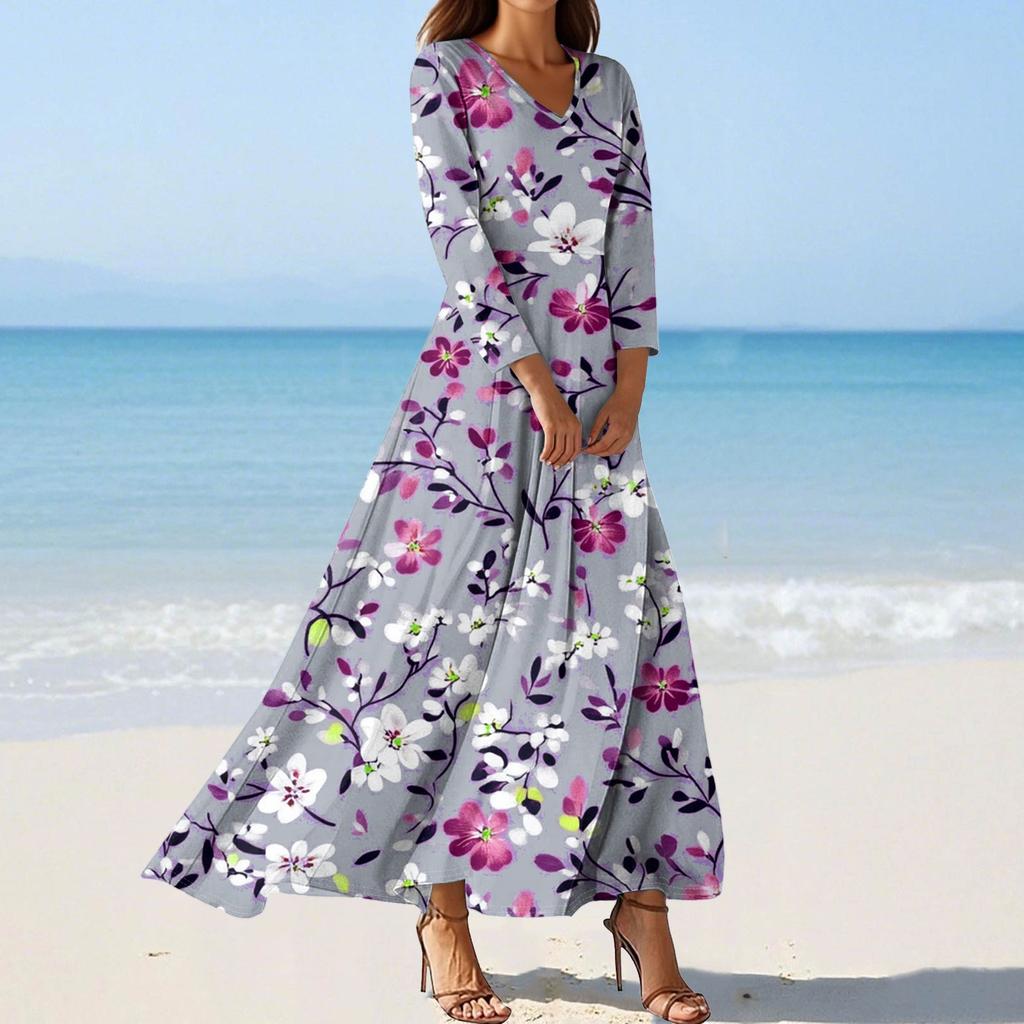 Vestidos de Praia Flutuantes com Decote em V da Moda Feminina, Vestidos Estampados Florais de Sete Mangas