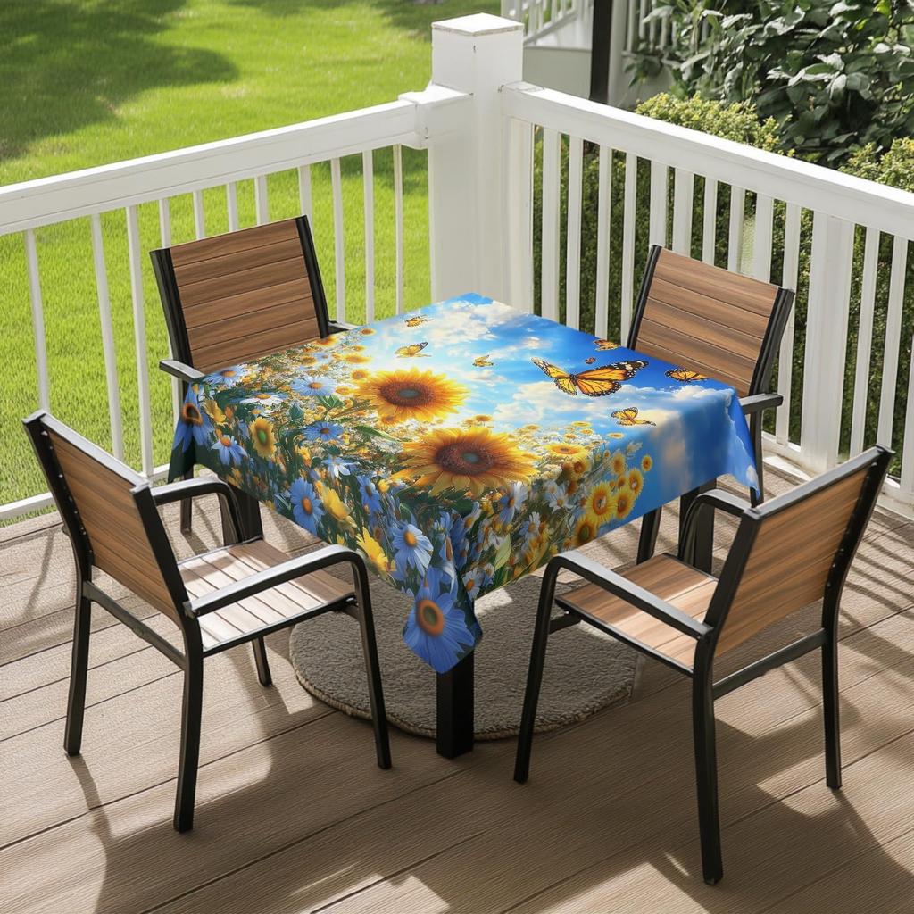 Sunflower Butterfly Square Tablecloth Washable Floral Garden Table Cloth Cover for Dining Party Picnic