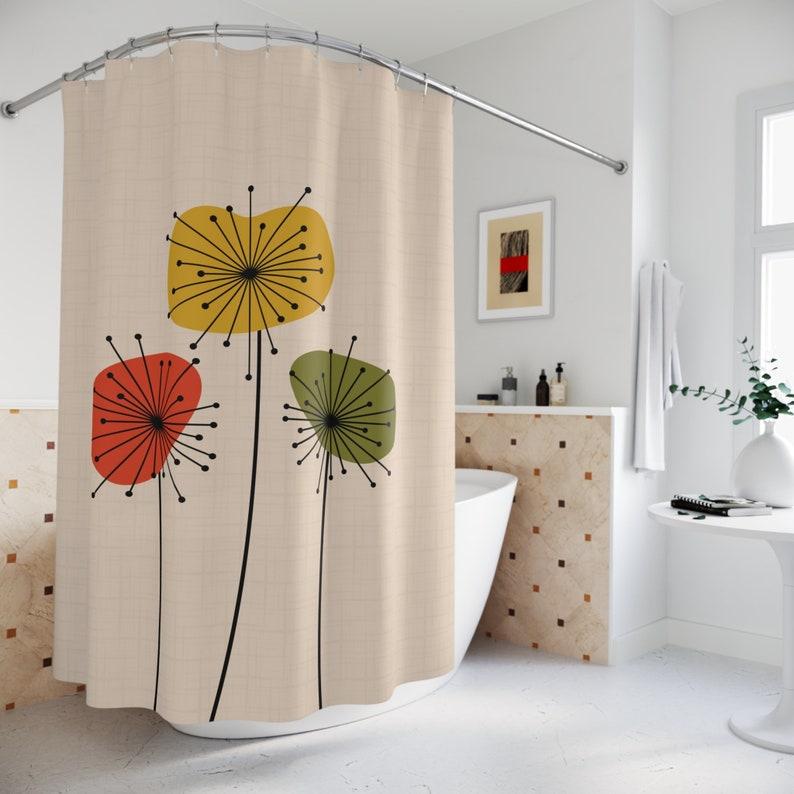 Scandinavian Retro Shower Curtain - Atomic Starburst, 50s-60s Style, Abstract Flowers, Mid Century Modern Bathroom Decor W90XH180cm