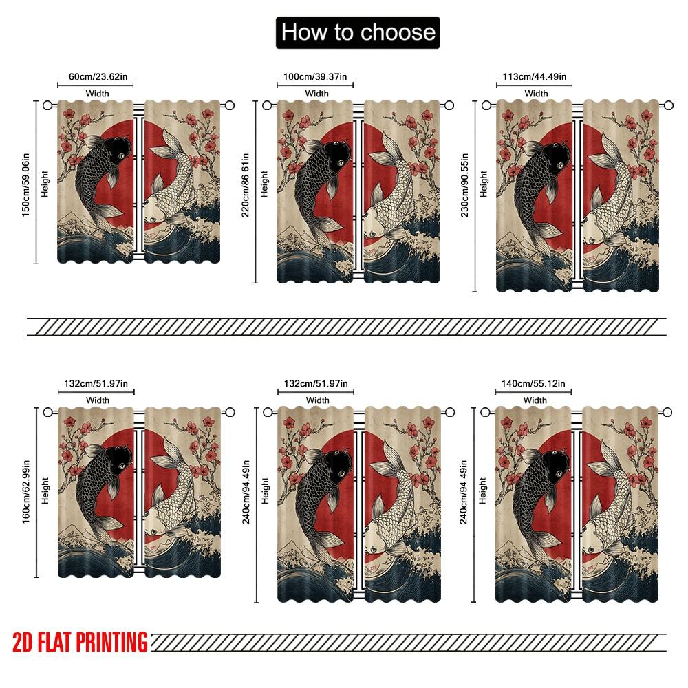2D Flat Printing 2pcs Window Drapes Yin Yang Koi Japan Wave Digital Printed Polyester Drapes Seasonal Party & Holiday Decor