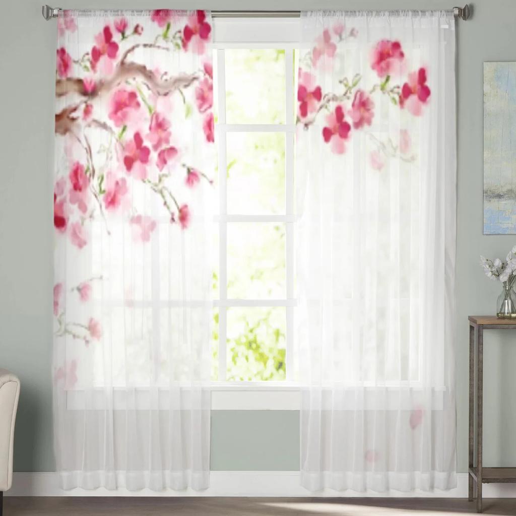 Blooming Sakura Japan Cherry Branch Sheer Curtains For Living Room Window Transparent Voile Tulle Curtain Bedroom Drapes