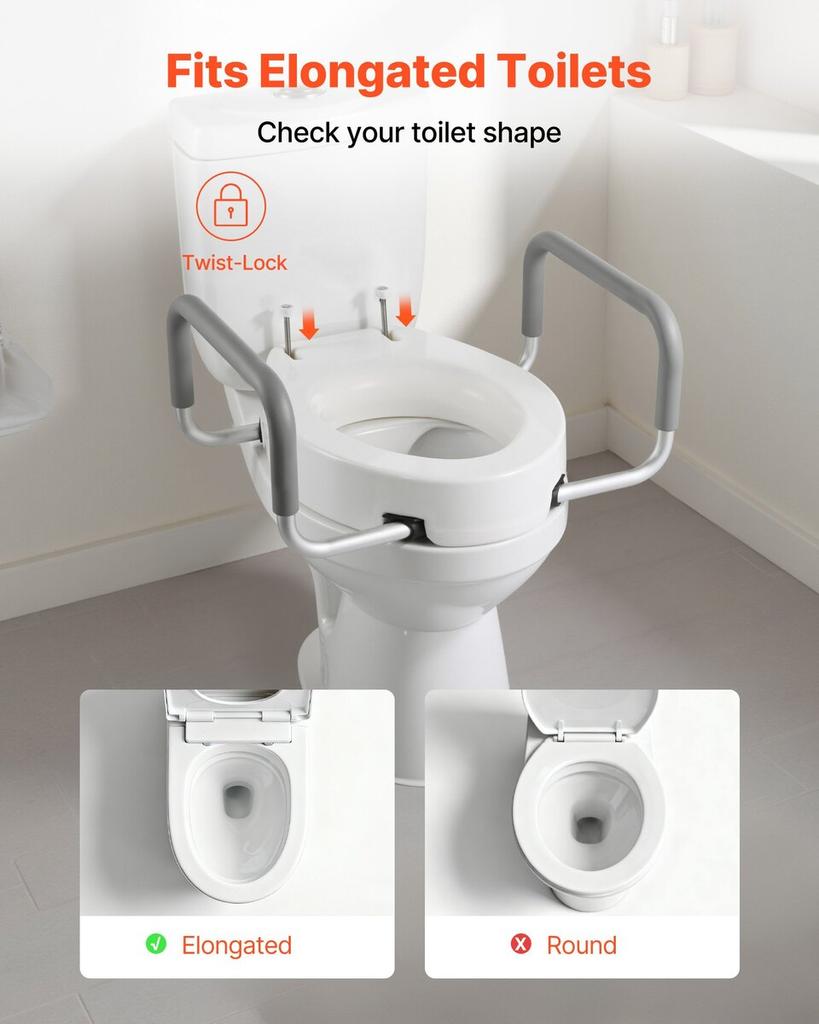 Raised Toilet Seat with Arms, 136.1 Kg Load Capacity, 88.9 Mm Lift Height, Widened Commode Elevated Toilet Seat Riser with Padded Handles for Seniors,