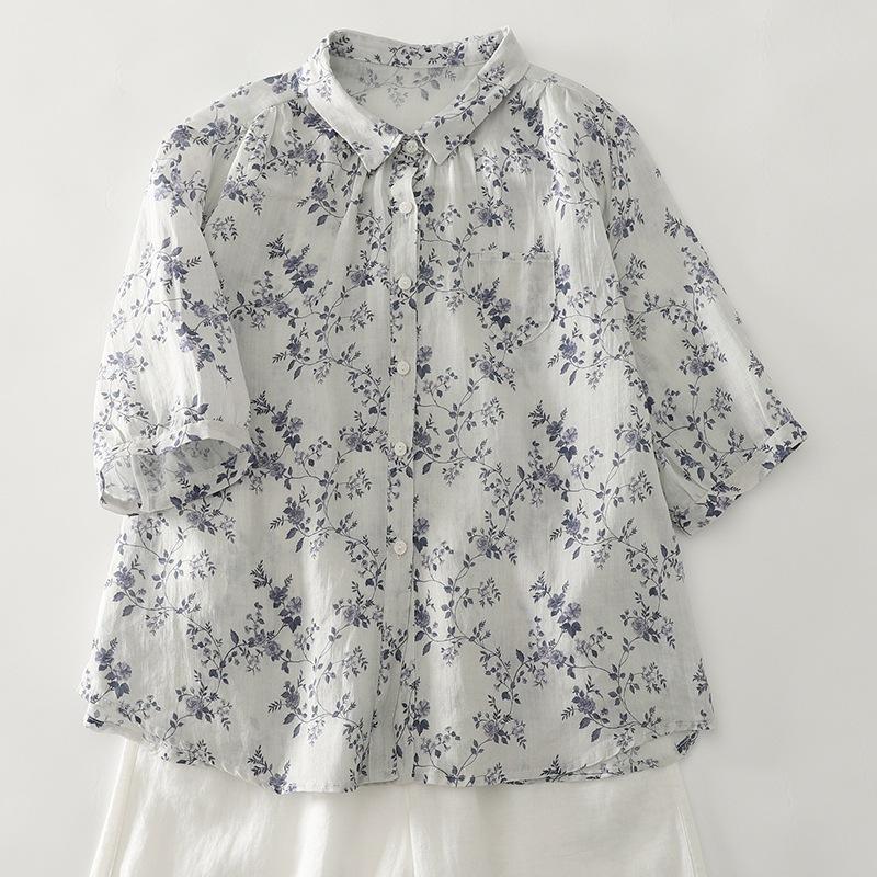 

Женская рубашка из свежего печатного хлопка и льна, лето 2025, новая, свободная и универсальная, с воротником поло, кардиган с короткими рукавами 2XL