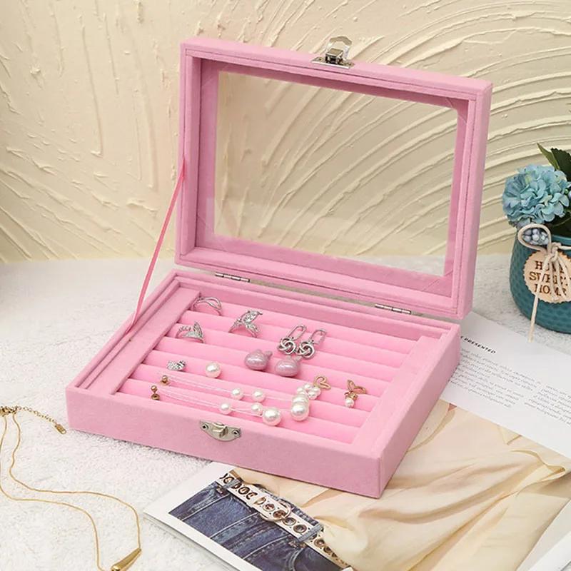 1pc Large Capacity Transparent Velvet Jewelry Box Earring Ring Display Storage Container Jewelry Organizer Makeup Organizer