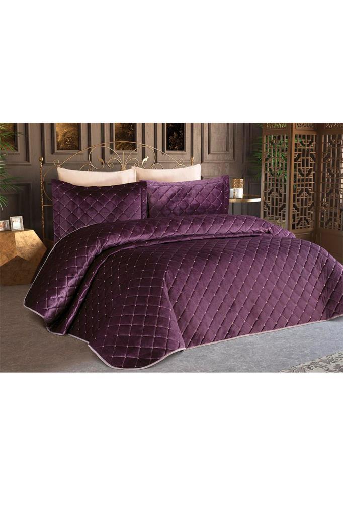 Zestaw Narzut Deserowych Pikowanych 3szt, Narzuta 250x260, Poszewka 50x70, Podwójny Rozmiar, Śliwka