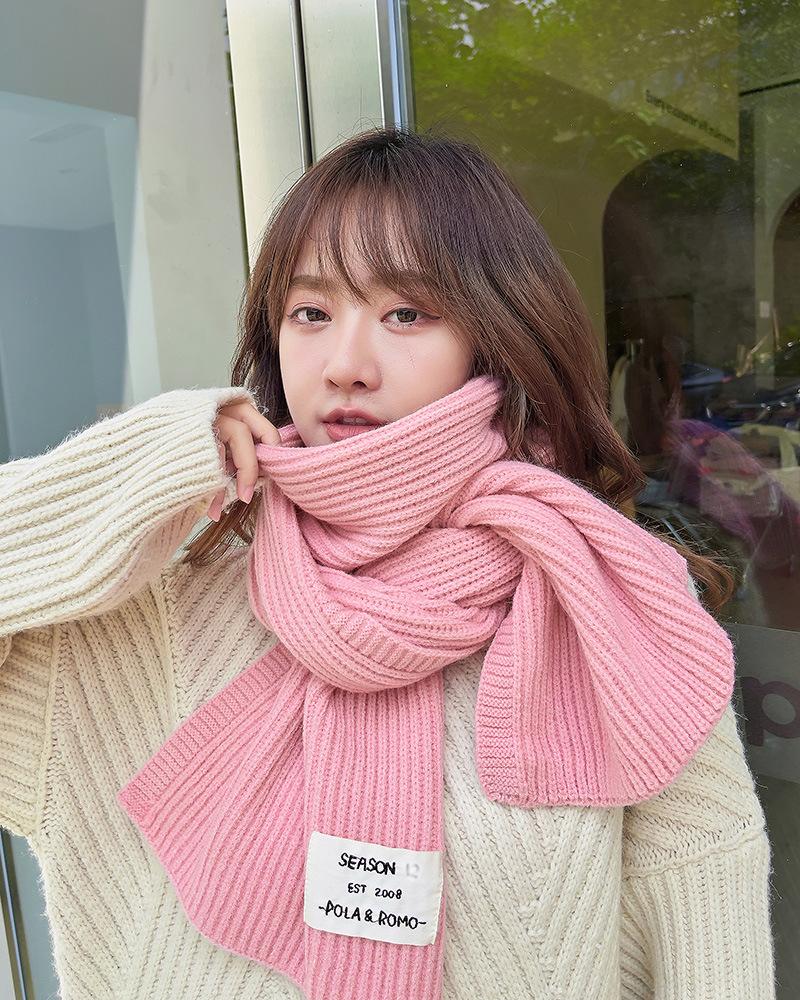 Autumn and winter versatile warm solid color knitted scarf female Korean version student red advanced sense thickened couple wool scarf