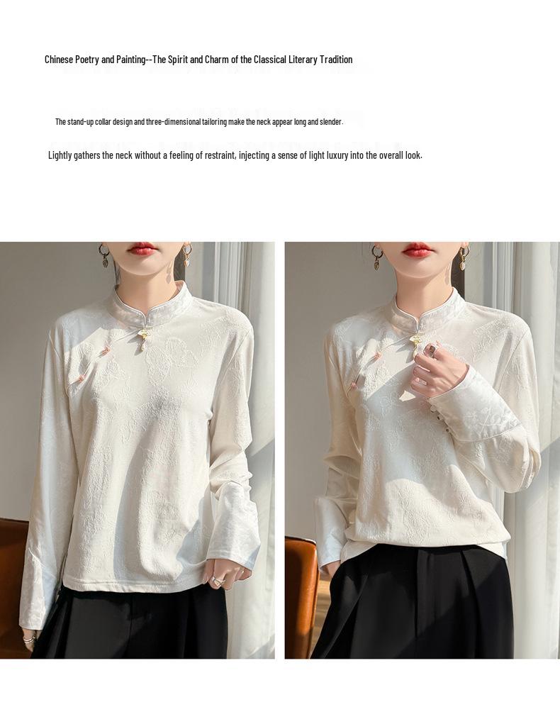 Premium Chinese Style Satin Jacquard Embroidered Diagonal Lapel Shirt for Spring and Autumn