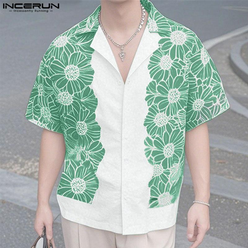INCERUN Men Lapel Neck Short Sleeve Print Stitching Casual Loose Shirts