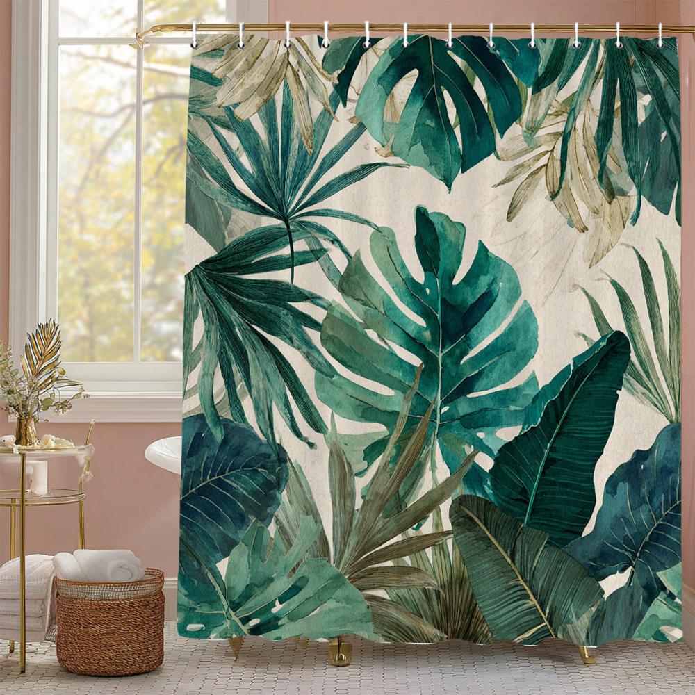 Tropical Green Leaves Monstera Pattern Shower Curtain, Bathroom Decorative Shower Curtain, Print Polyester Curtain With Hooks