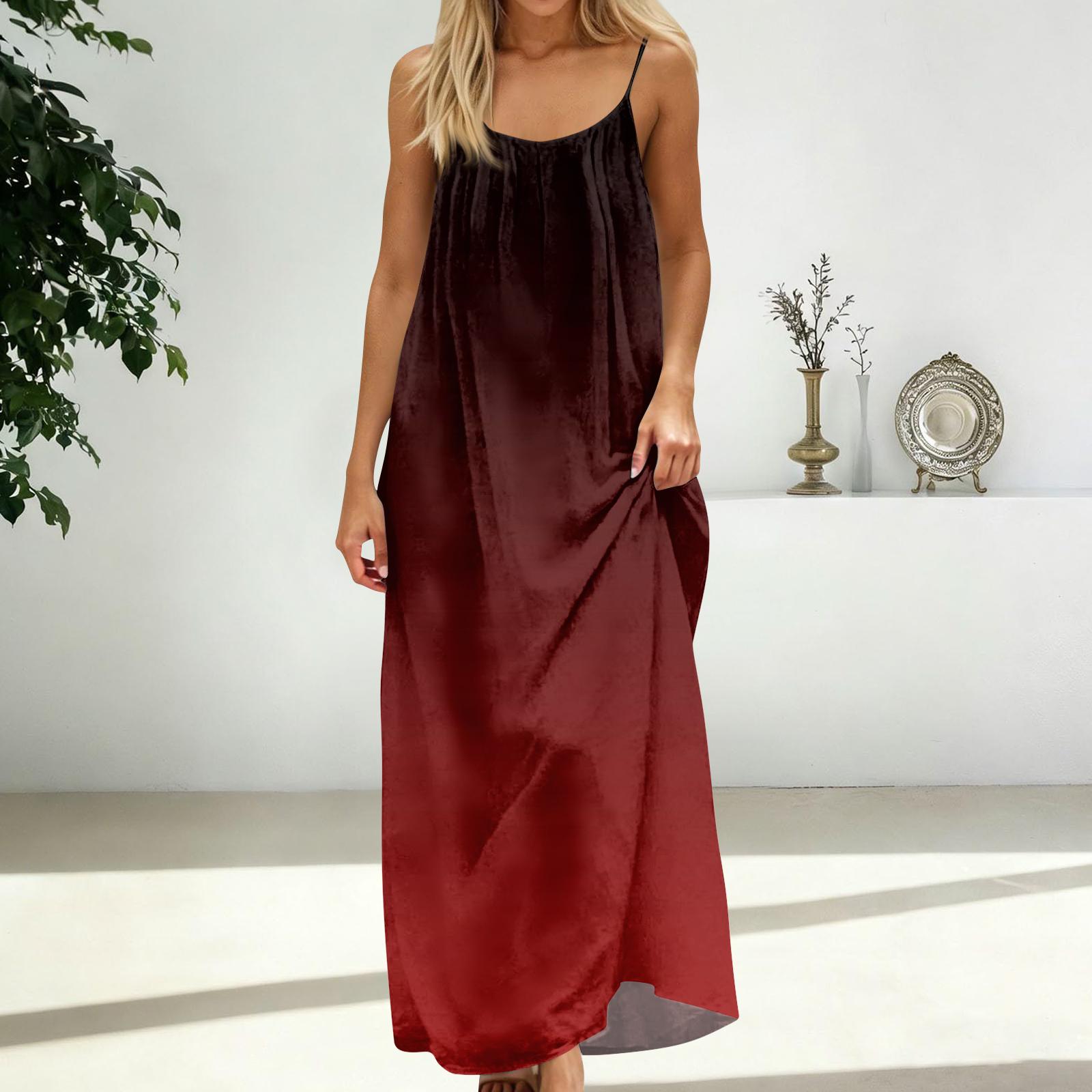

Women s Fashion Backless Spaghetti Strap Casual Loose Gradient Print Dress XL червоний