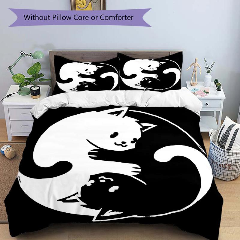 

3pcs Yin and Yang White Cat and Black Cat Quilt Cover Set - Soft and Cozy Bedroom, Guest Room and Dorm Decorative Bedding 3-Piece Set 1 Quilt Cov 135x200cm