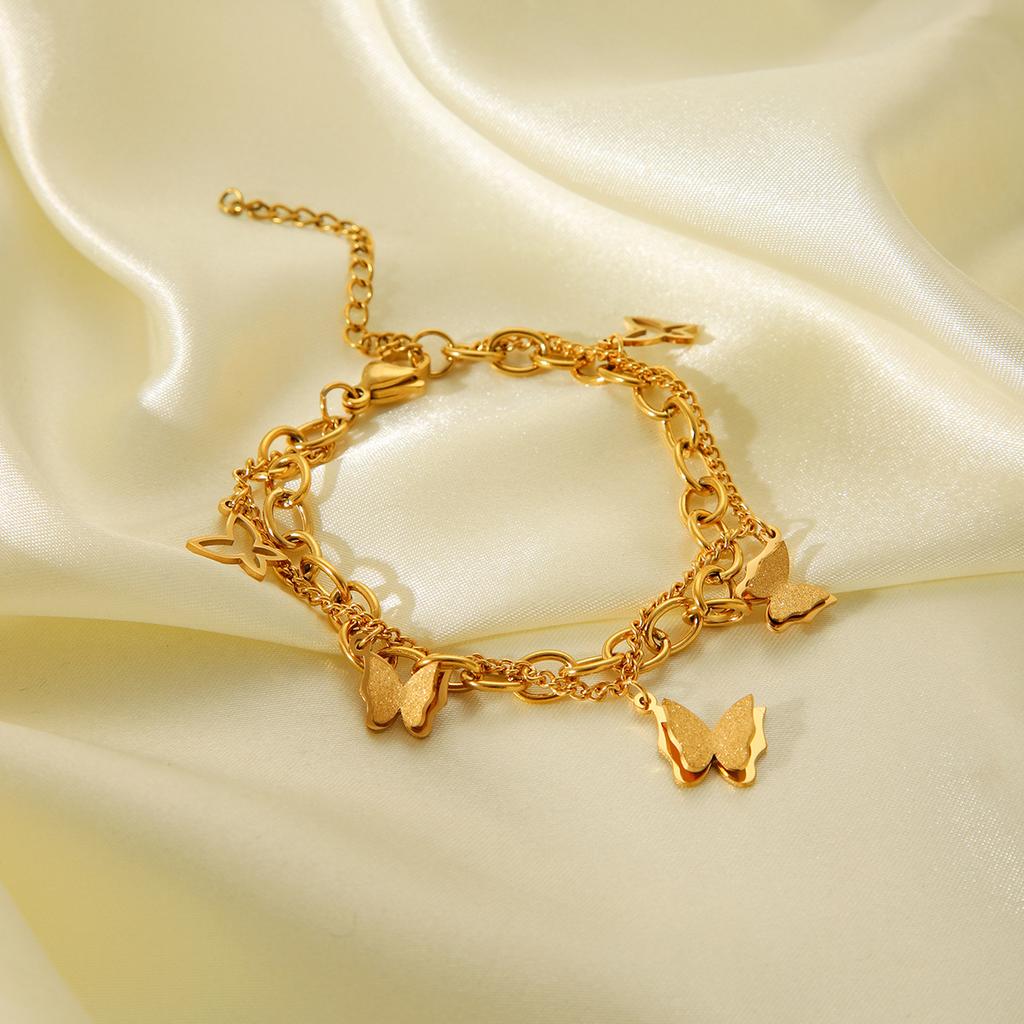 18k Gold Stainless Steel Double Layer Bracelet for Women, Non-fading Butterfly Pendant Titanium Steel Bracelet