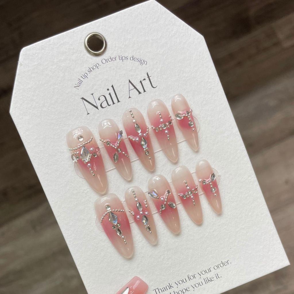 Blush Handmade Press-On Nails with Glitter, Diamonds & Steel Beads - Trendy Ice Transparent Nail Art for a Glam Look.