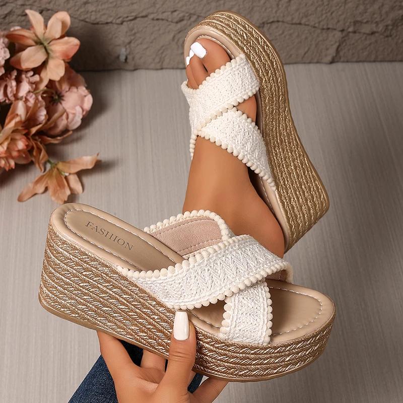 Fashion Woven Chunky Platform Sandals Women Fashion Cross Band High Heels Slippers Woman Plus Size Thick Sole Summer Sandles Mujer 42