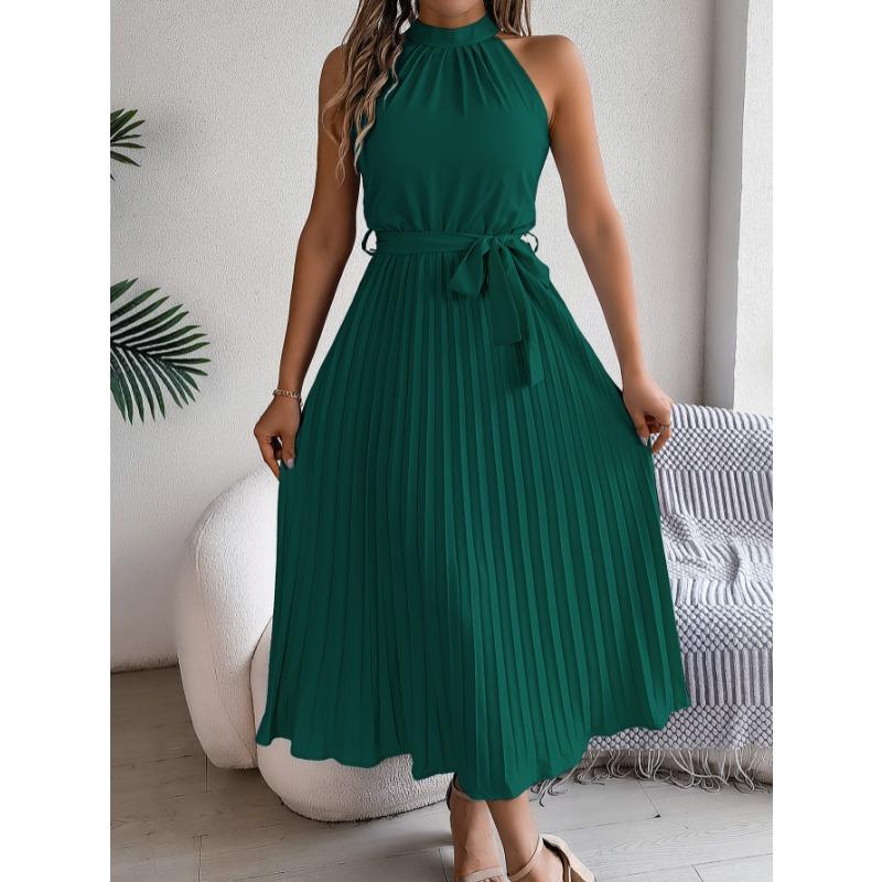 Sleeveless Summer Pleated A-line Dress Casual Solid Color Loose Party Lace-up Elegant Dresses Fashion Midi Sweet Stand Collar Holiday Clothing