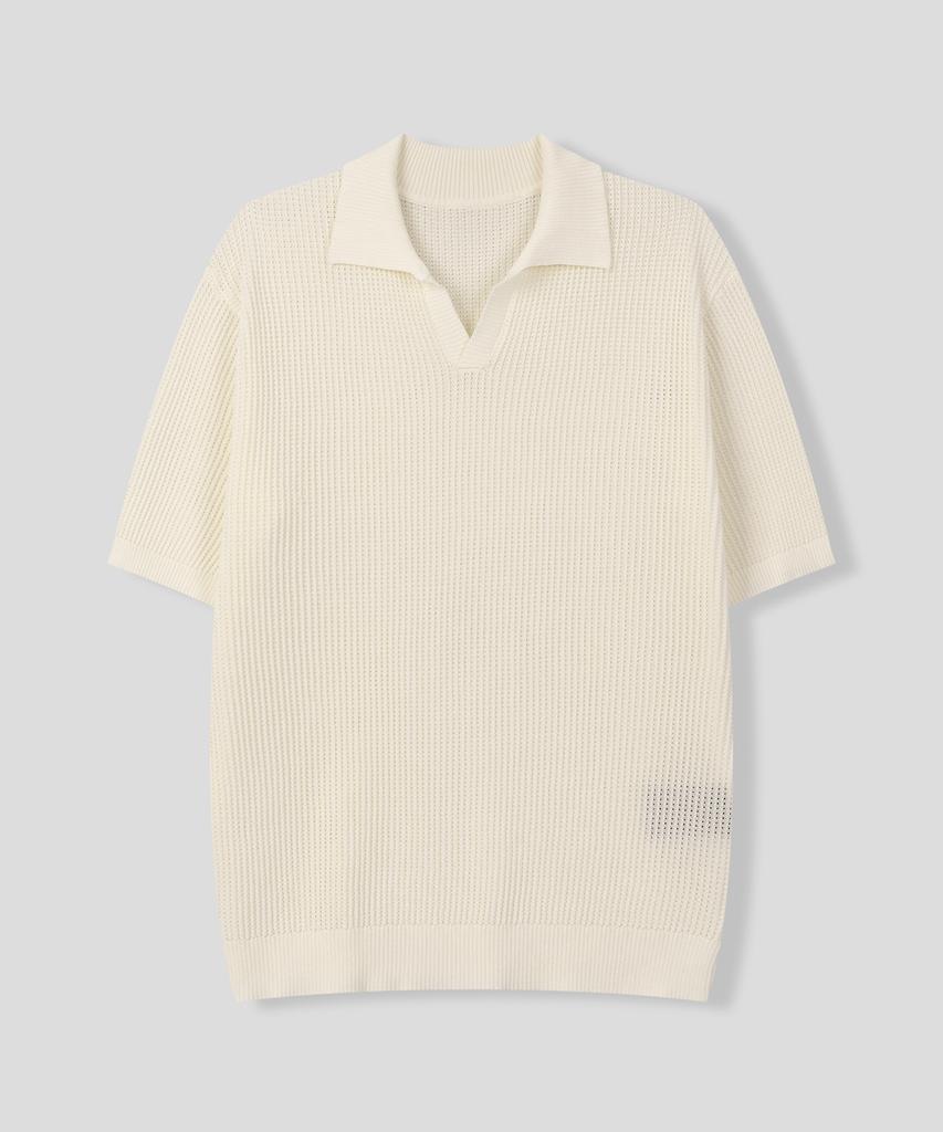 BLACK MOMENT Minimal Waffle Collar Knit Short Sleeve Tee [Black]