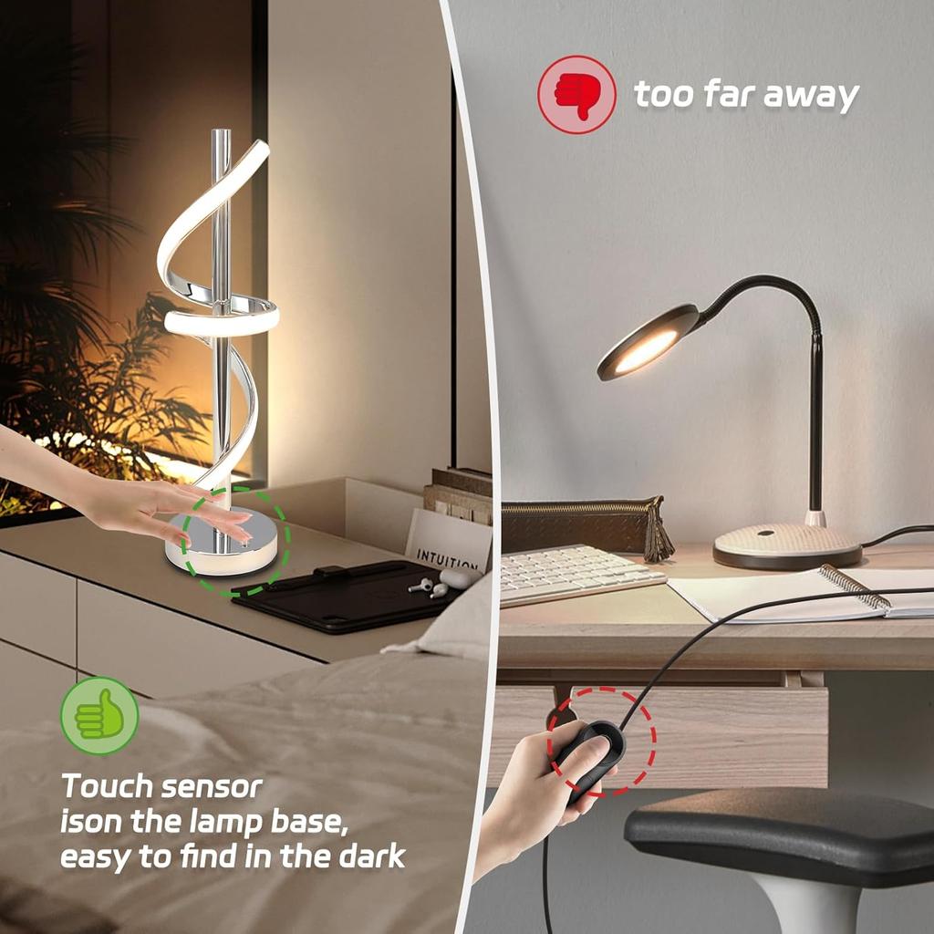 LED Modern Table Lamp, Dimmable Spiral LED Table Lamp, 3 Colors Touch Control LED Bedside Lamp, Silver Unique Cool Lamps for Home Decor, Modern