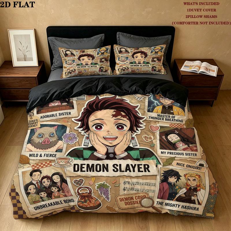 Demon Slayer Kimetsu No Yaiba Pattern Bedding Quilt Set Quilt Cover Pillowcase Home Birthday Gift(1 * Duvet Cover + 2 * Pillowcase, Without Core)