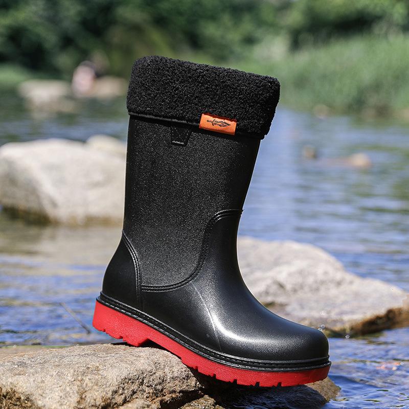 Rain shoes men's long tube medium tube waterproof water shoes rain boots wear-resistant thickened adult fashion velvet student rubber shoes