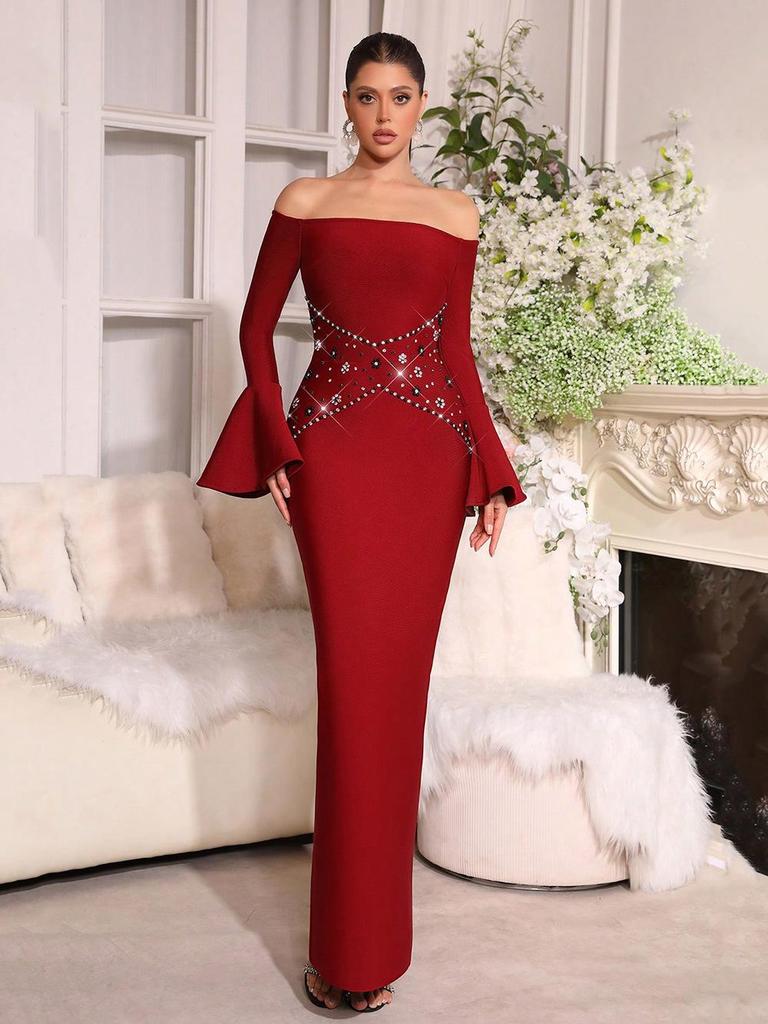 European Style Strapless Rhinestone One-Shoulder Elegant Long Dress