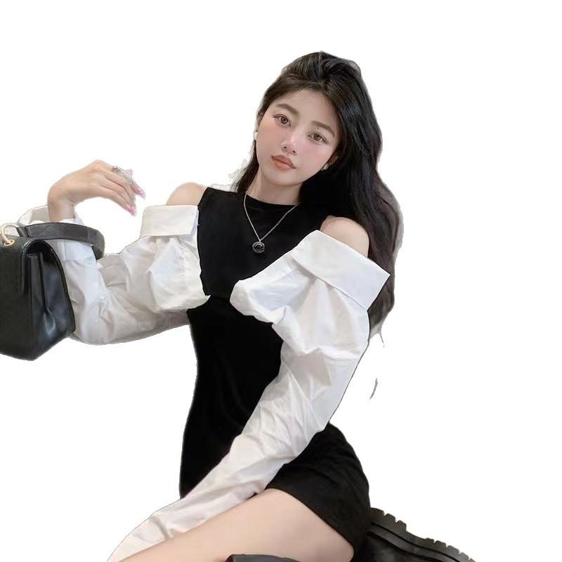 Autumn new design sense niche light and familiar sexy off-the-shoulder fashion color matching waist-wrapped hip long-sleeved dress