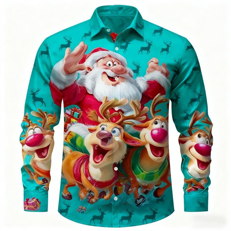 Christmas Men's 3D Graphic Long Sleeve,Street Style Fashion,Cartoon Santa Claus Reindeer Prints Design,2025 Fall Casual Shirt