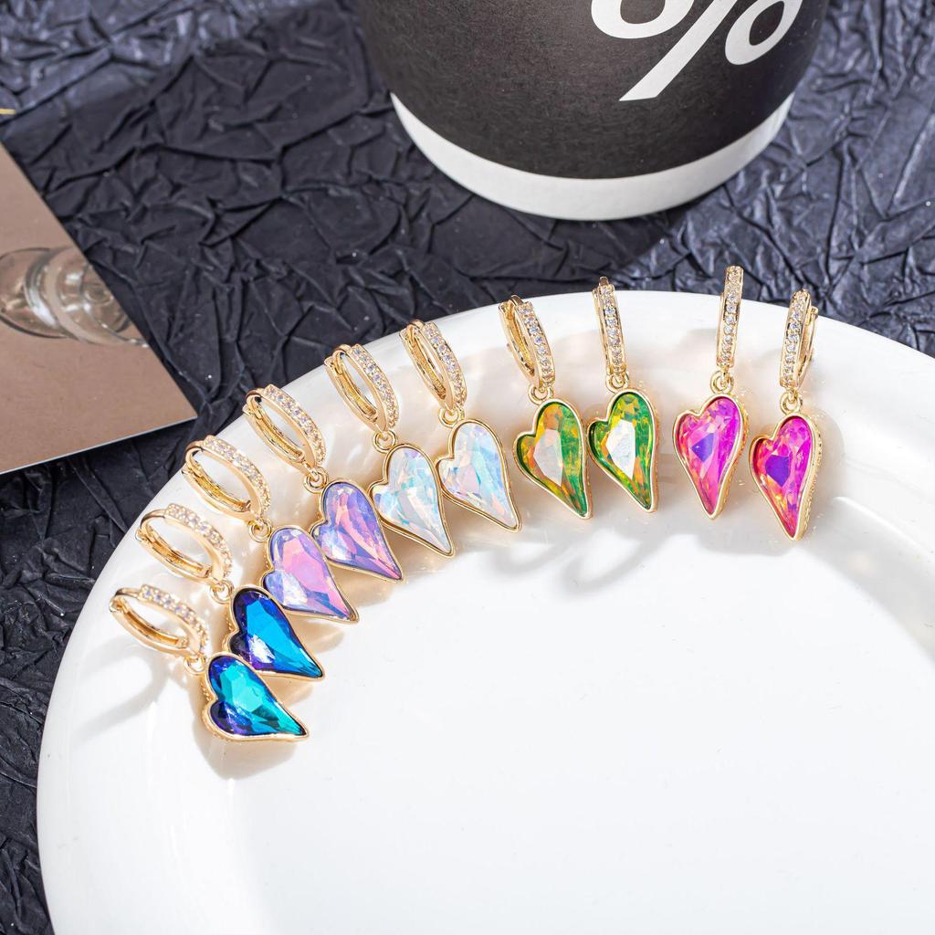 High-End European & American Zircon Heart Earrings – Colorful, Elegant Hoops, Clips & Dangles for Women