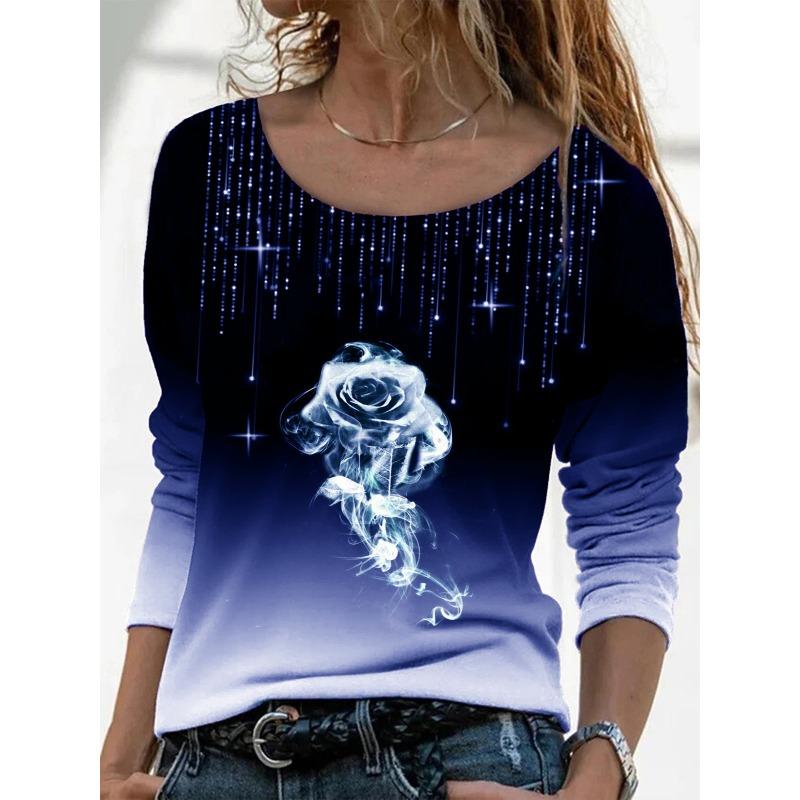 Spring Autumn Long Sleeved Loose Round Neck Casual Pullover Rose Print T-shirt for Women