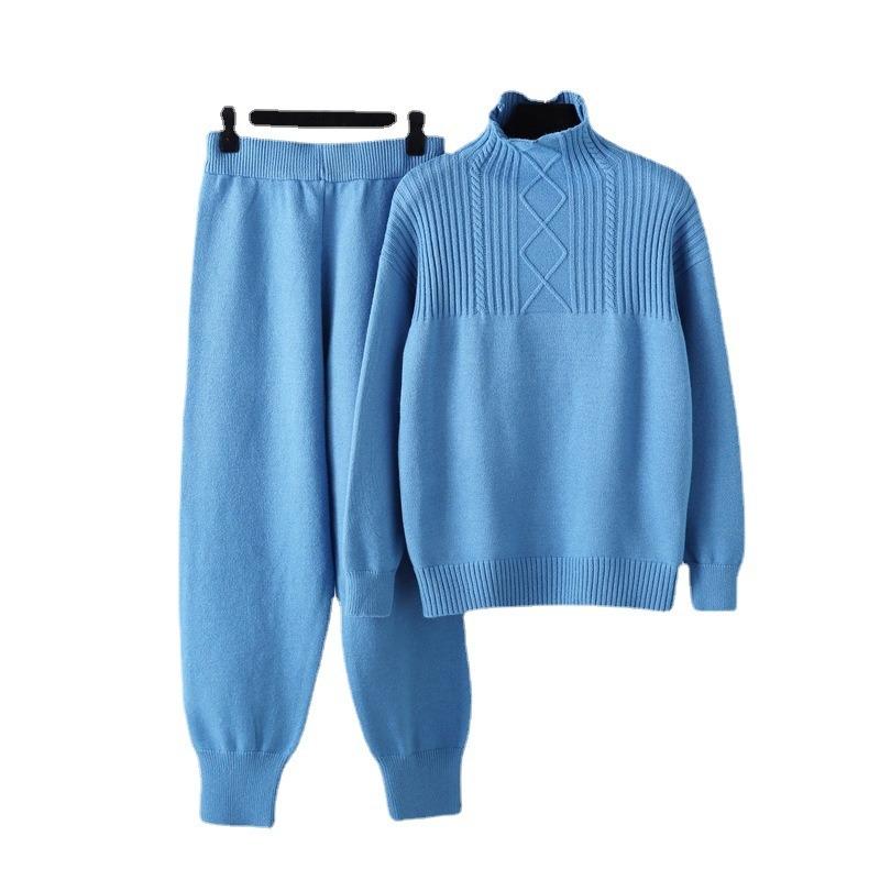 Semi-turtleneck casual loose sweater for women's autumn and winter new versatile gentle wind soft waxy knitted trousers suit for women