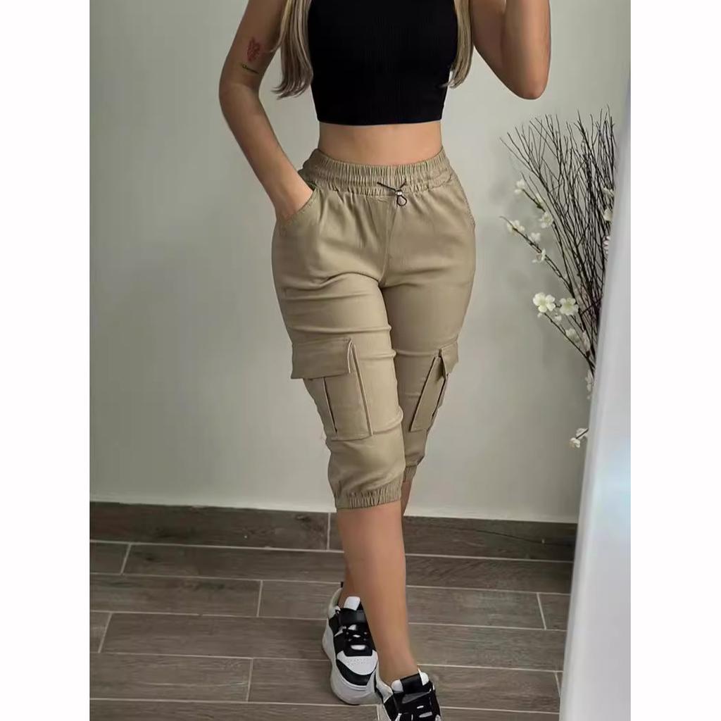 Women's Pants Summer Fashion Pocket Design Cuffed Drawstring Casual Plain High Waist Knee Length Pants