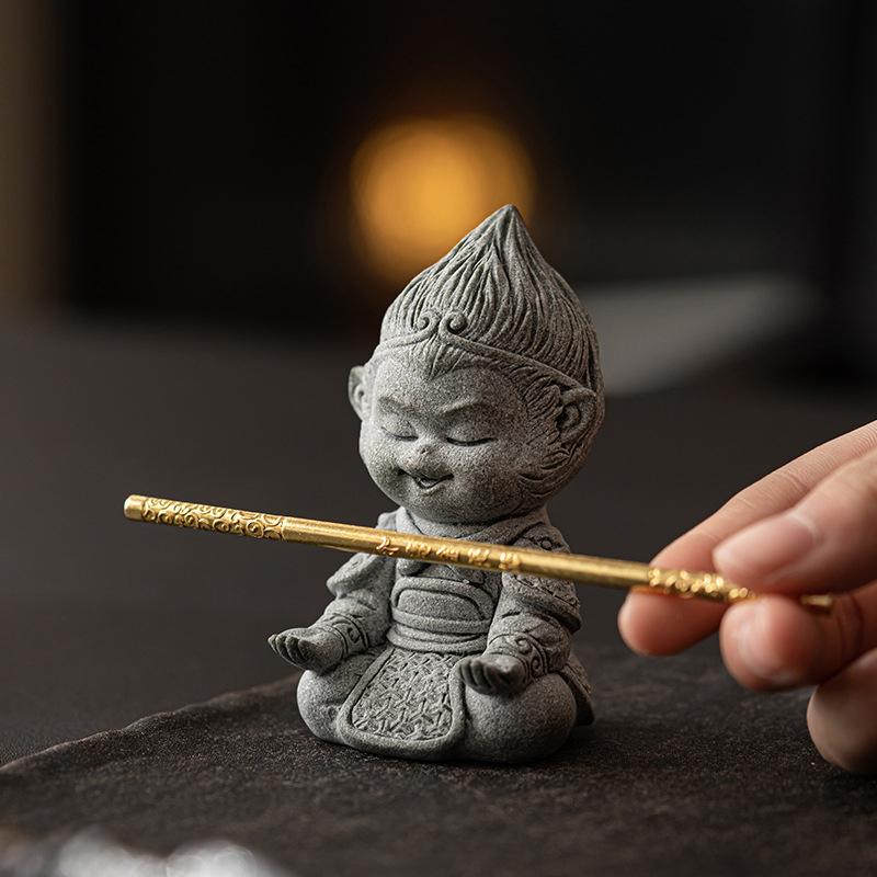 Sunwukong Sandstone Sitting Monkey Buddha Statue Monkey Figure Ornament Collectible Desktop Decoration Tea Pet Indoor Outdoor