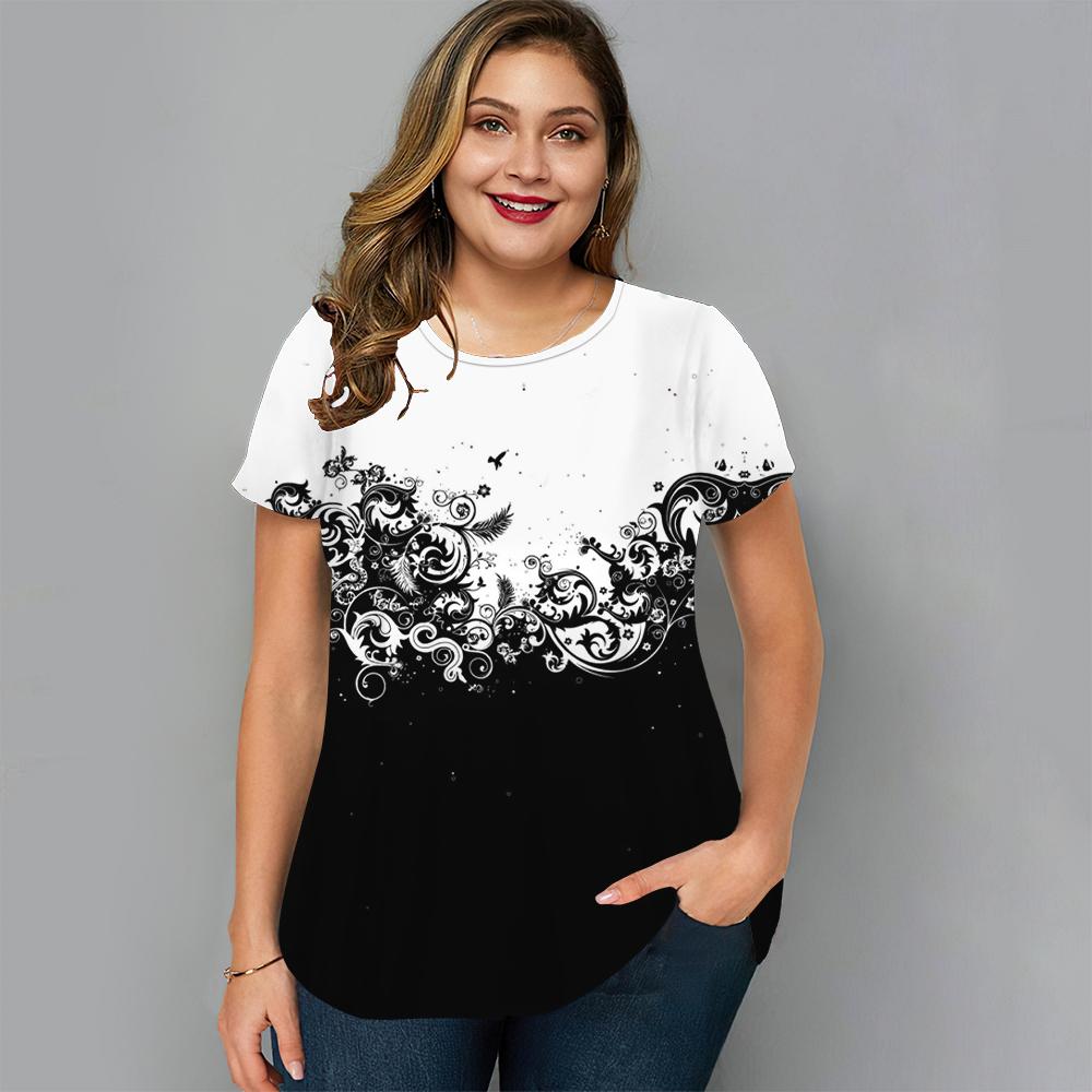 Summer Round Neck Floral Graphic 3D Print Top Fashionable Casual Short Sleeved Plus Size Women's T-shirts