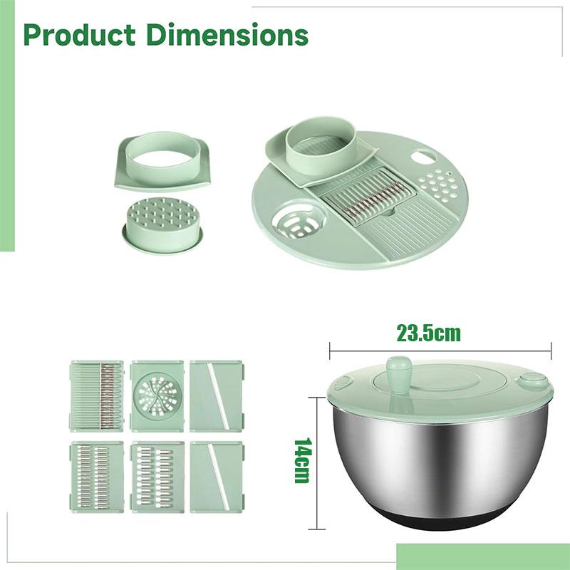 Stainless Steel Salad Spinner with Slicer Set 5 Qt Large Rotation Vegetable Washer Includes 5 Chopping Blades Slicer Drain Bowl