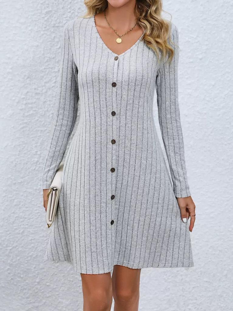 V Neck Fashionable Button Down High Waisted Color Dress