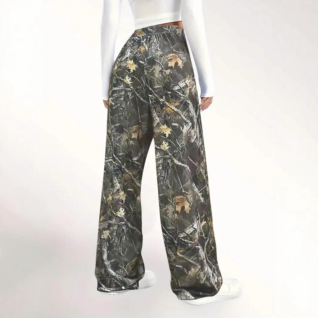 Girls' Fashionable Casual Waist Cinching Camouflage Printed Wide Leg Loose Straight Leg Pants In Spring, Summer, and Autumn