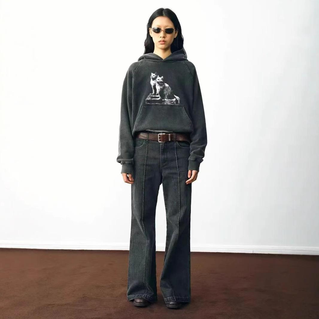 

Ji American style old washed black foreign gas cat print hooded sweater loose hiphop women XXXL мити чорний колір