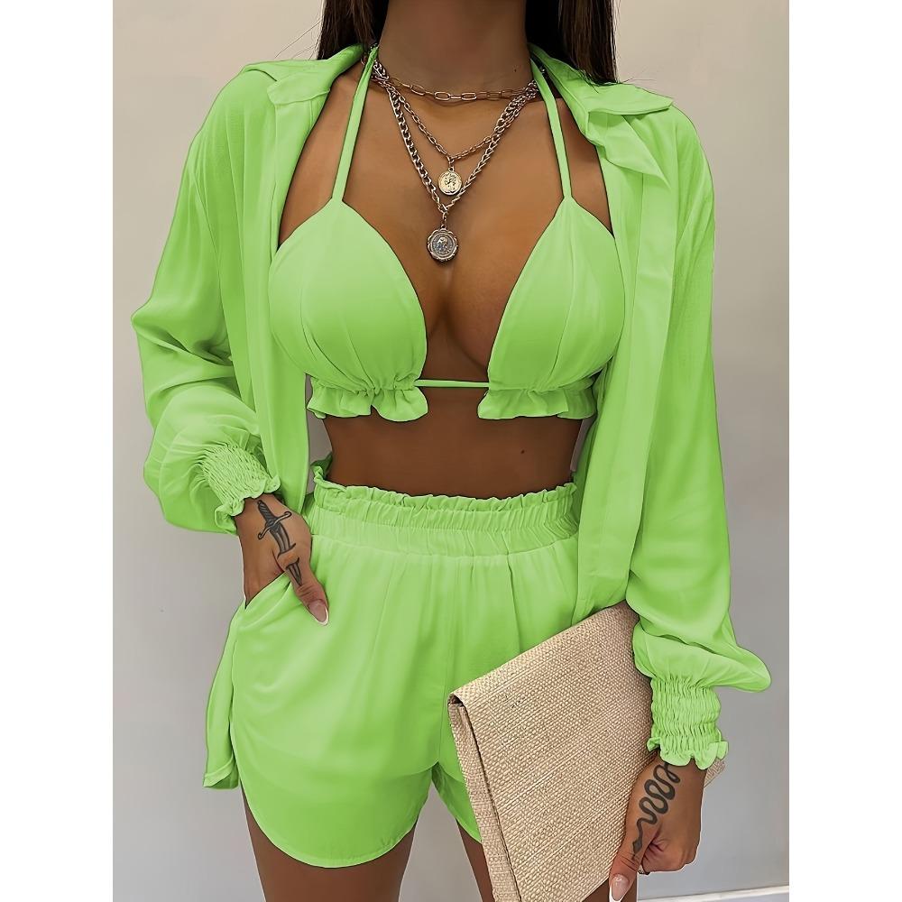 

Женский сексуальный комплект из трех предметов, весенне-летний пляжный модный шортовый комплект 3XL ярко-зеленый