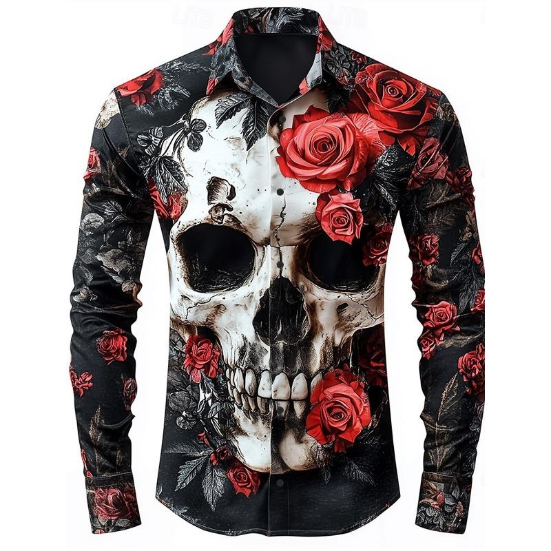 Halloween Thema Mannen Halloween Kostuums Schedels Shirt Knoopsluiting Shirt Casual Overhemd Lange Mouw Donkere Gotische Stijl Tops