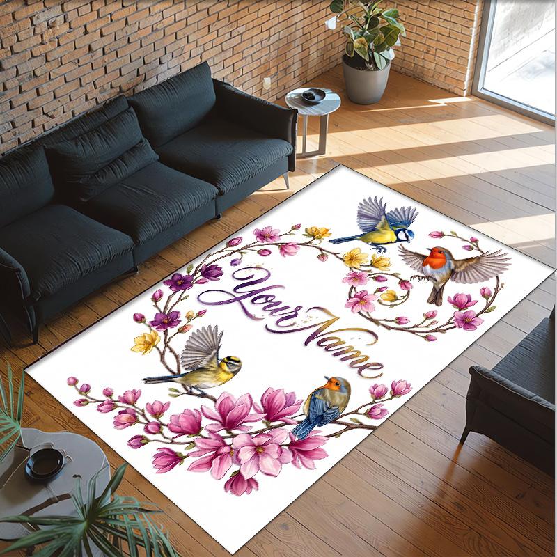Birds Theme Crystal Velvet Floor Rug Personalized Custom Name Text Warm Carpet Home Decoration