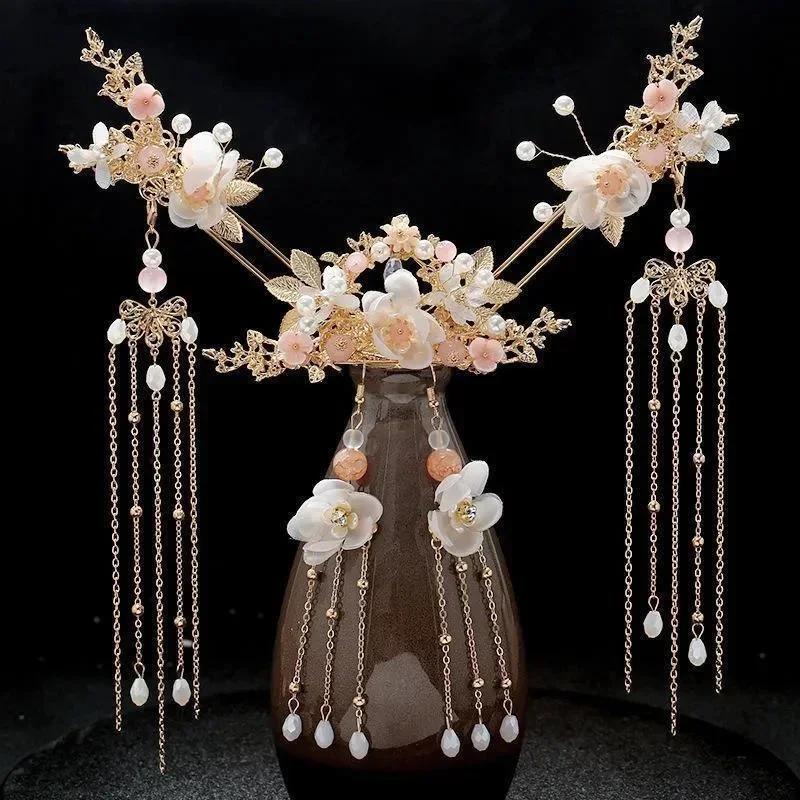Ancient Chinese Style Women Long Tassel Step Shake Flower Hairpins Clips Hair Combs Earring Jewelry Elegant Headwear for Girls